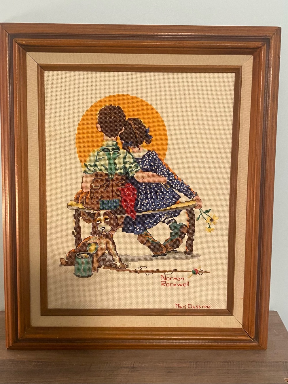 VTG Hand Cross-Stitched Norman Rockwell “Sunset” Kids Dog Framed Wall Art 15x18